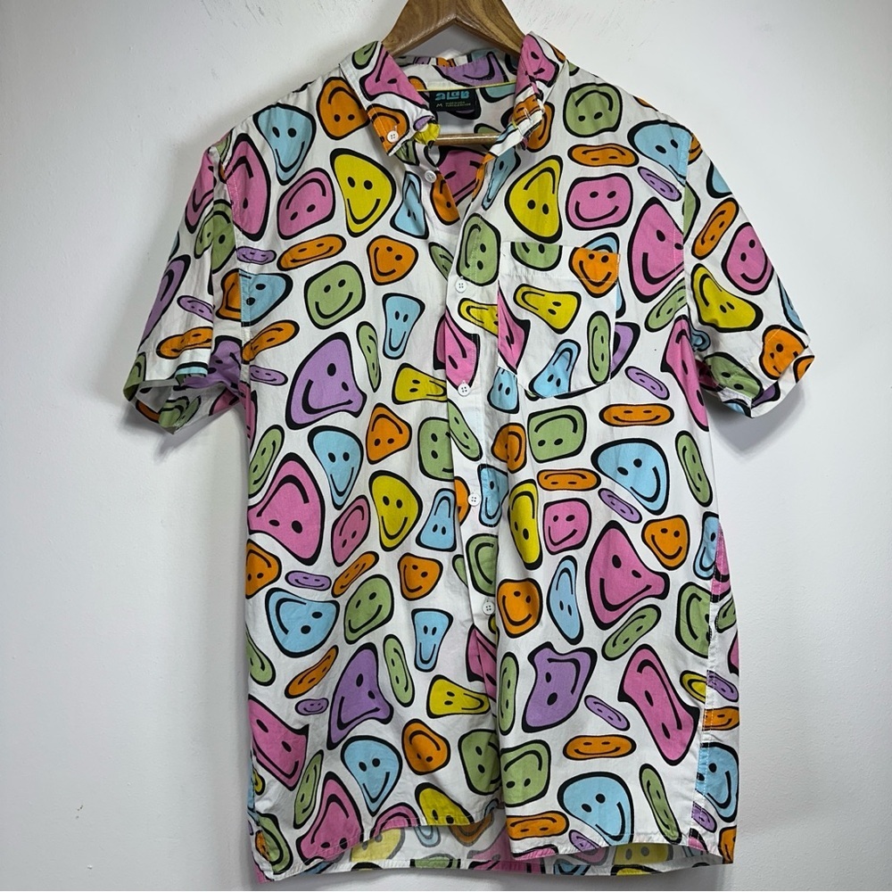 Alab Smiley Face Print Button Down Shirt Multicolor Graphic Cotton M Vacation
